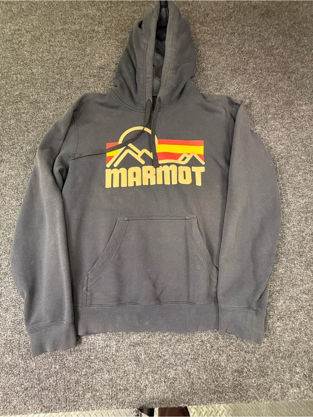 Marmot Black Hoodie with Retro Mountain Logo in Yellow and Red